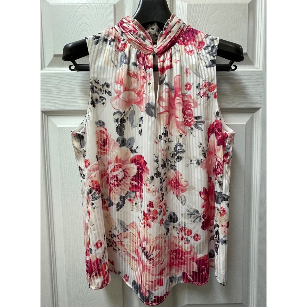 White House Black Market Sz 12 Striped Rose Keyhole Mock Neck Sleeveless Blouse - Picture 2 of 14